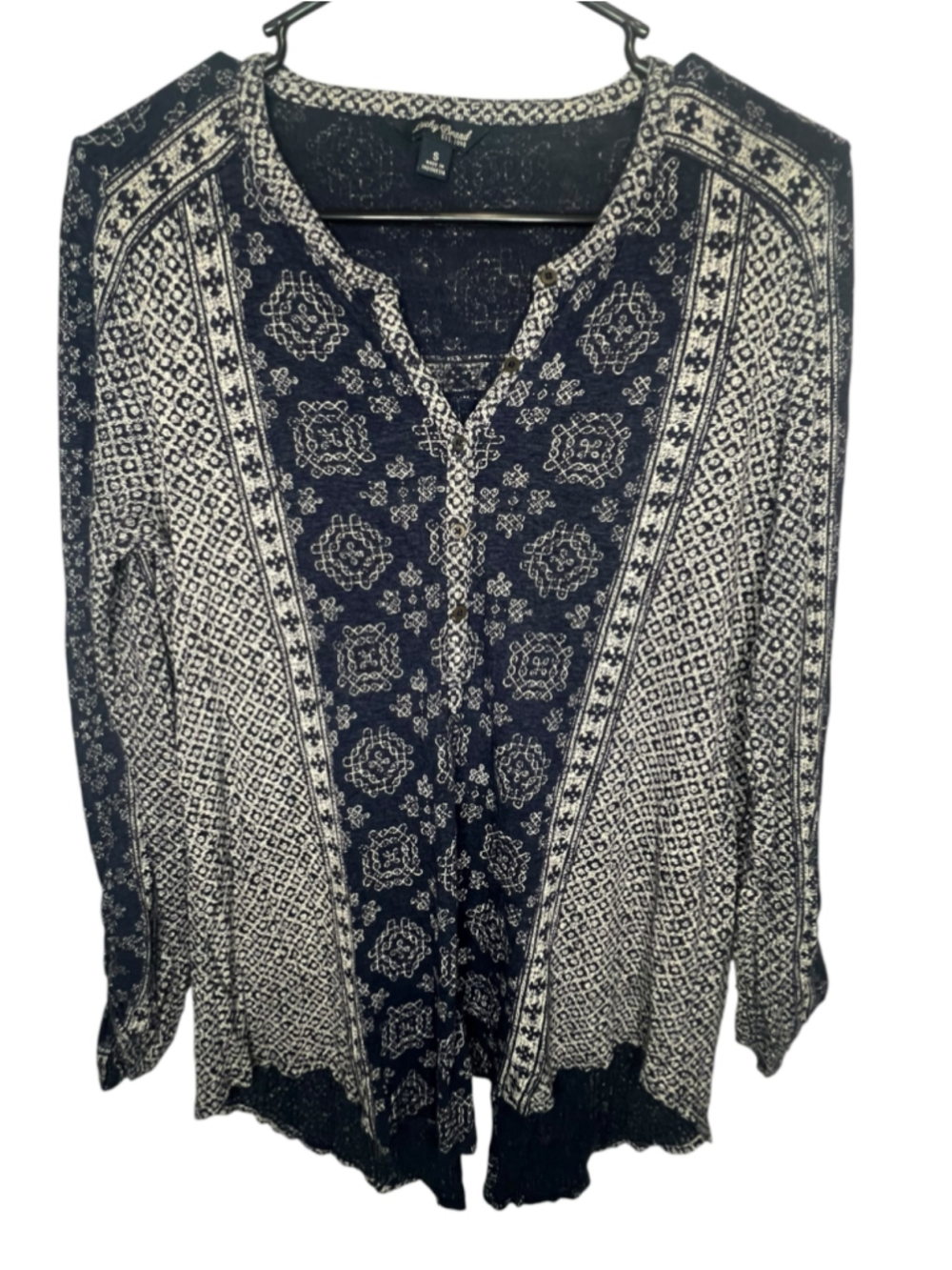Lucky Brand Linen Blend Boho Blue And Cream Long Sleeve Peasant Top